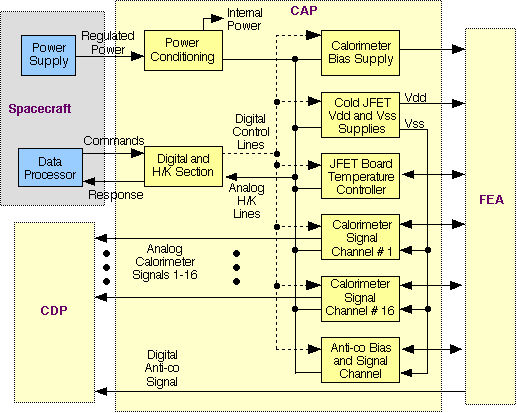 Each CAP side contains a Bias Supply; Vdd and Vss supplies for the cold JFETs; a JFET temperature controller; 16 channels of calorimeter amplifiers; power and signal channel for the anticoincidence detector; power conditioning; and housekeeping electronics.
