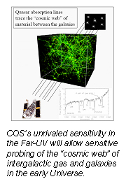 COSs unrivaled sensitivity in the Far-UV will 
		  allow sensitive probing of the cosmic web?of intergalactic gas and galaxies in the early Universe.